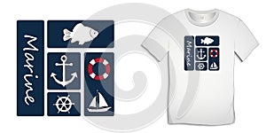 Print on t-shirt graphics design, nautical icons collections anchor, fish carp, sailing boat, rudder, lifebuoy, isolated on white