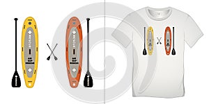 Print on t-shirt graphics design, Paddle board and surfboard, air sup rescue, , isolated on white background