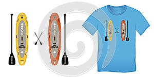 Print on t-shirt graphics design, Paddle board and surfboard, isolated on blue background blank