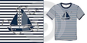 Print on t-shirt graphics design, sailing boat with rope, nautical motive image shirt sailor stripes, isolated on background