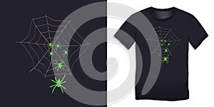 Print on t-shirt graphics design, spider web with spiders, isolated on background