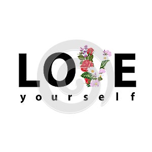 Print for a t-shirt with the slogan Love yourself with the letter V of flowers and leaves.