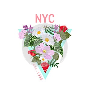 Print on a t-shirt with a triangle of flowers and leaves and the inscription NYC.