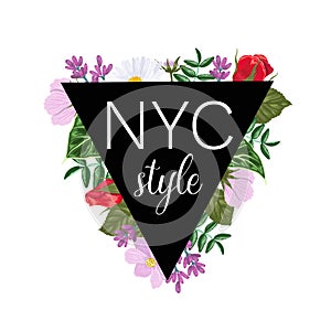 Print on a t-shirt with a triangle of flowers and leaves and the inscription NYC.