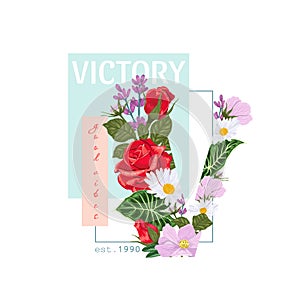 Print on a t-shirt with the word victory and the letter V of flowers and leaves.