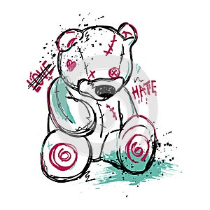 Print for T-shirts with the image of a sad bear in sketch style with the words \