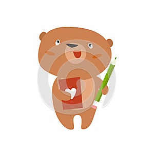 Print. Vector cartoon bear writes with a pencil. Bear is learning. Cute bear. Bear with a notebook in his hands. Student, writer.