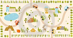 Print. Vector forest maze with animals, road, houses.