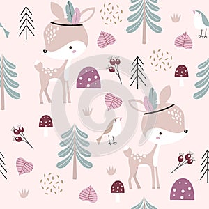 Print. Vector forest pattern with baby deers.