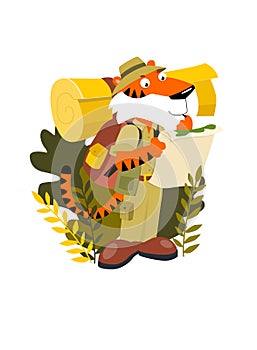 Print. Vector illustration of a cartoon traveler. The tiger travels.