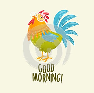 Print. Vector illustration of a rooster saying good morning. farm.