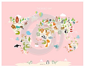 Print. Vector illustration world map for children in gentle tones with lots of animals