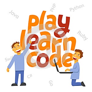 A children coding theme isolated text with the programming languages and boys children coding