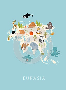 Print. Vector map of Eurasia with animals. Tiger, bear, elephant, squirrel, deer, fox, hare, panda, whale, octopus, shark.