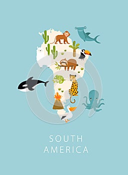 Print. Vector map of South America with animals. Cartoon animals. Jaguar, monkey, pelican, toucan, llama, alpaca, sloth.