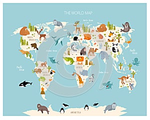 Print. Vector map of the world with cartoon animals for kids.