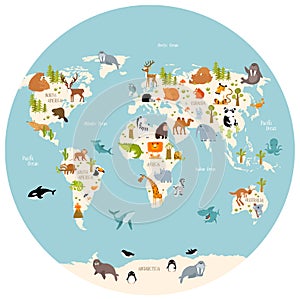 Print. Vector map of the world with cartoon animals for kids.