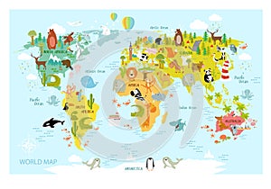 Print. Vector map of the world with cartoon animals for kids.