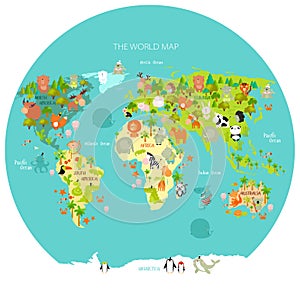 Print. Vector map of the world with cartoon animals for kids.