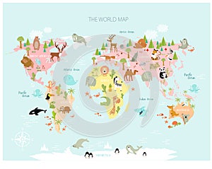 Print. Vector map of the world with cartoon animals for kids.