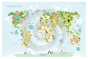 Print. Vector map of the world with cartoon animals for kids. Europe, Asia, South America, North America, Australia and Africa.