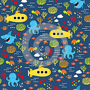 Print. Vector marine pattern. Under water. Ocean. sea. yellow Submarine. Shark, octopus, crab, starfish, corals