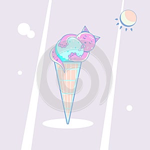 Card imaging vector pink cat, kitten, kitty eating an ice cream on sunny day.