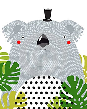 Print. Vector poster. cartoon koala. white background. Cartoon character. Beautiful koala