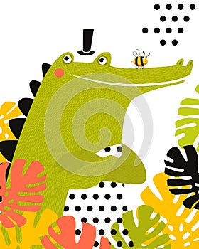 Print. Vector poster.Funny cartoon crocodile. Tropics. African animal.