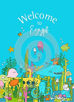 Print. Vector poster with underwater world \