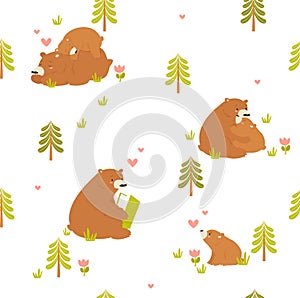 Print. Vector seamless background with cartoon bears in the forest. Forest pattern.