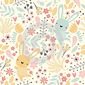 Print. Vector seamless spring pattern with rabbits and plants.