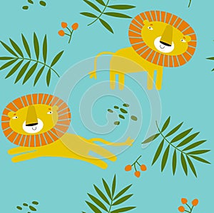 Print. Vector seamless tropical background with lion. Cartoon lion. African animal.