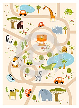 Print. Vector tropical maze with animals in safari park.