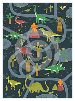 Print. Vector tropical maze with dinosaurs in a jurassic park.