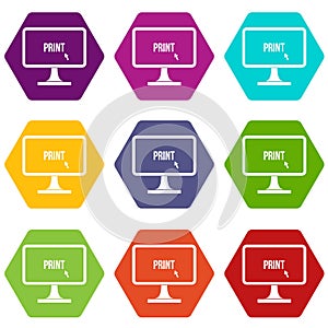 Print word on a computer monitor icon set color hexahedron