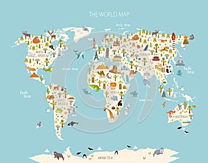 Print. World map with animals and architectural landmarks for kids.