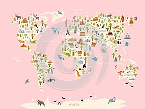 Print. World map with animals and architectural landmarks for kids.