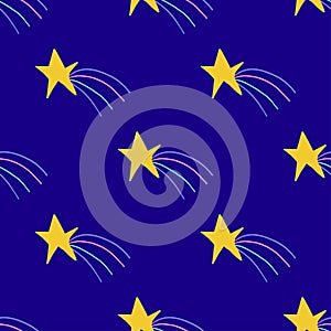 Print with yellow hand drawn stars with purple, pink, blue rays on dark blue background.