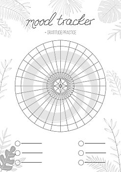 Printable A4 paper sheet with circle with blank lines to fill and tropical leaves.