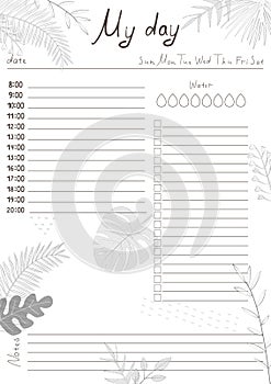 Printable A4 paper sheet with day planner blank to fill on background with tropical leaves.