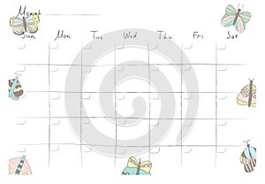 Printable A4 paper sheet with monthly planner blank to fill on background with hand drawn flowers.