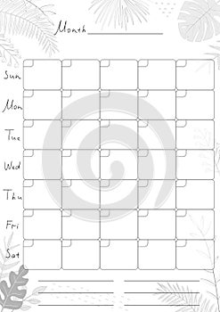 Printable A4 paper sheet with monthly planner blank to fill on background with tropical leaves.