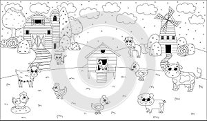 Printable black and white coloring page with farm animals, barn and windmill, henhouse, farming themed puzzle