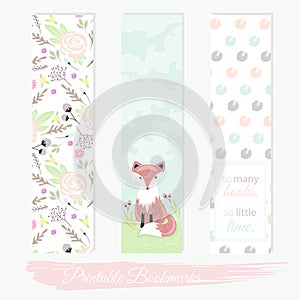 Printable bookmarks with flowers, fox and polka dots.