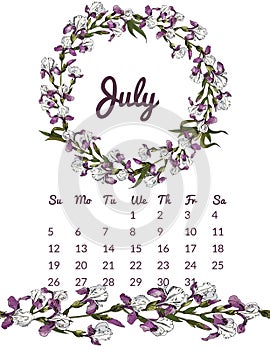 Printable botanical calendar 2020 with wreath and endless brush of purple iris flowers and leaves. Hand drawn colored sketch.