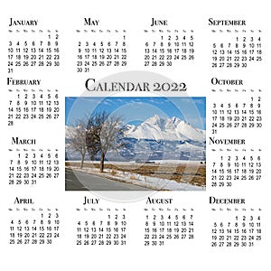 Printable calendar card for 2022.