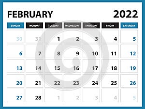 February 2022 Calendar Printable, Calendar 2022, planner design, Desk calendar template, Wall calendar, organizer office, Simple photo