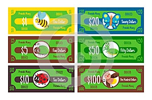 Printable cash money dollar with childish insect character currency banknote set vector flat