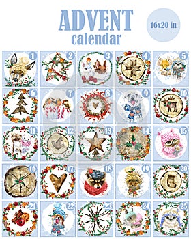 Printable Christmas Advent calendar. Christmas invitatioon poster design